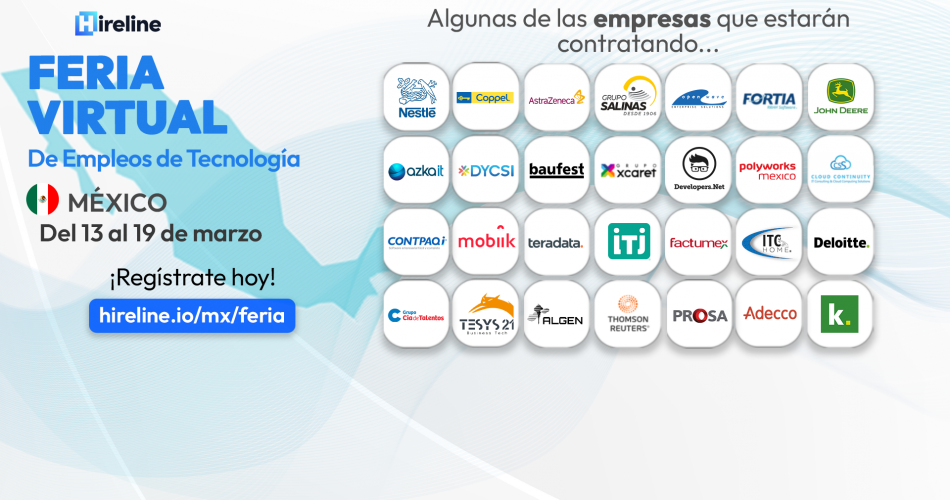 Banner Feria Virtual de Empleos de Tecnología organizada por Hireline con logos empresas participantes