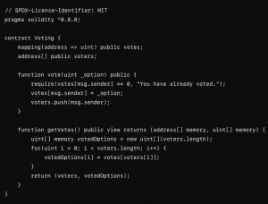 Implementa un contrato inteligente básico en Solidity para una simple votación