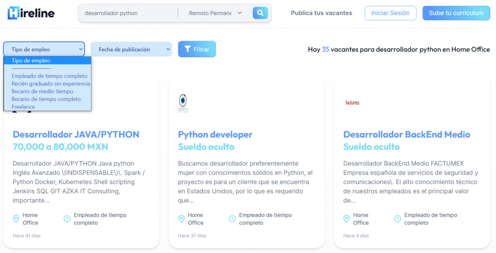 filtro tipo de empleo en Hireline